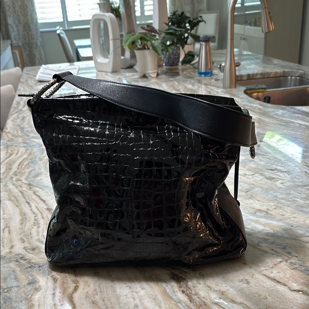 Glossy Black Croc Embossed Bag